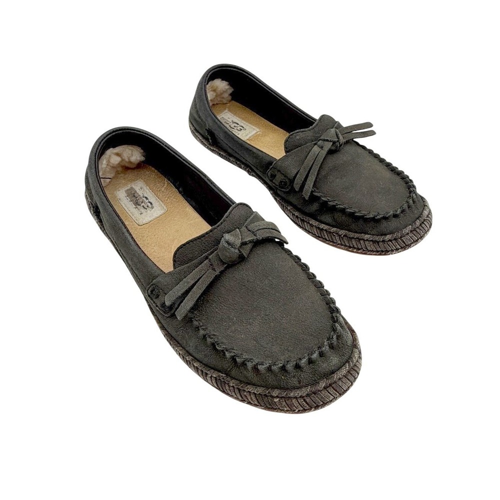 UGG Amila Womens Charcoal/Black Suede Bow Moccasin Loafers Comfort Shoes Size 6